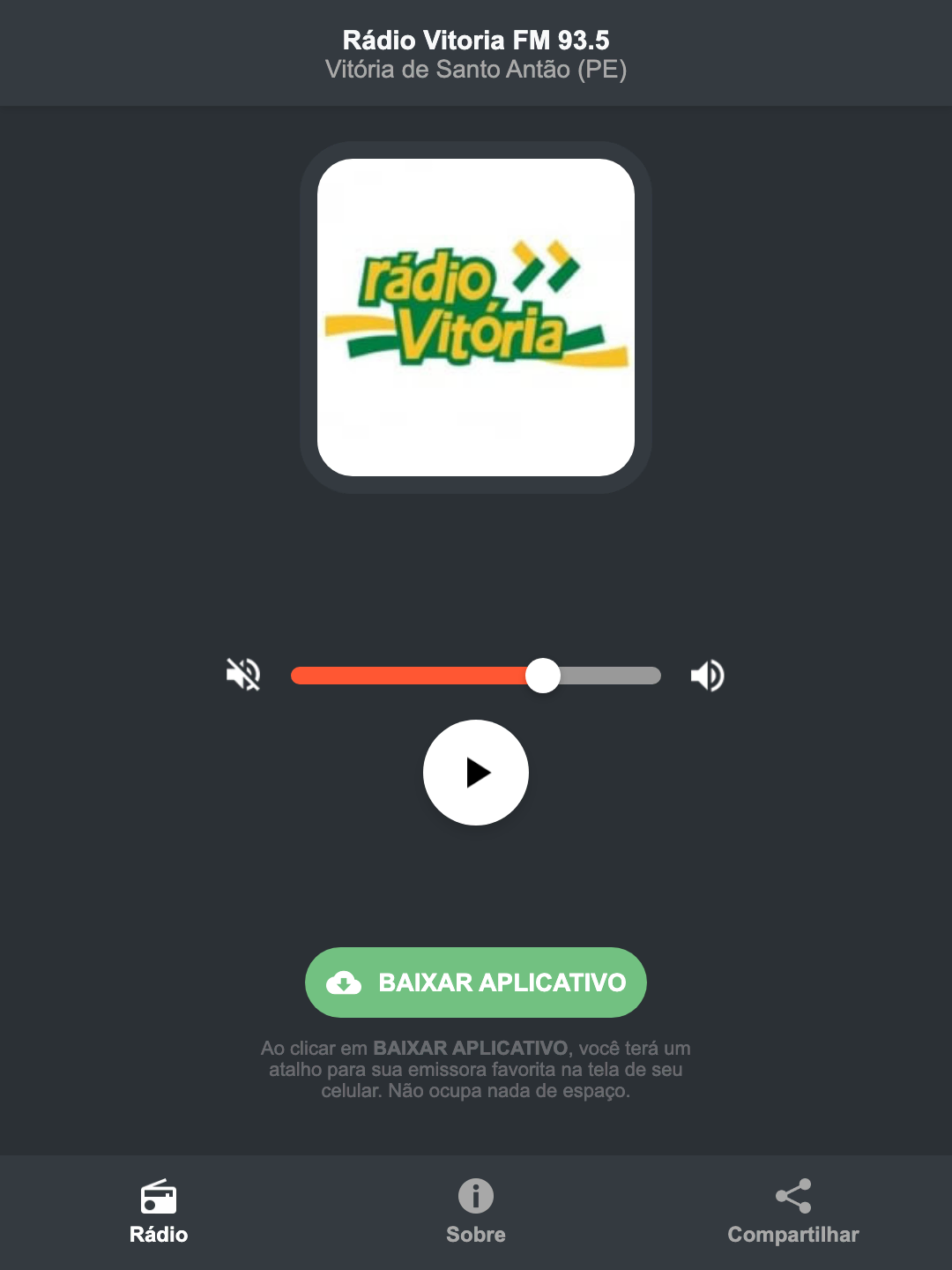 Screenshot do aplicativo da Rádio Vitoria FM 93.5