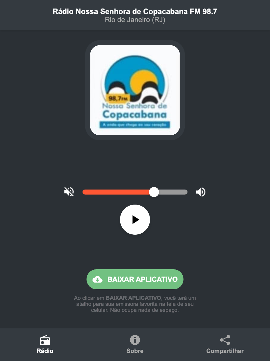 Screenshot do aplicativo da Rádio Nossa Senhora de Copacabana FM 98.7
