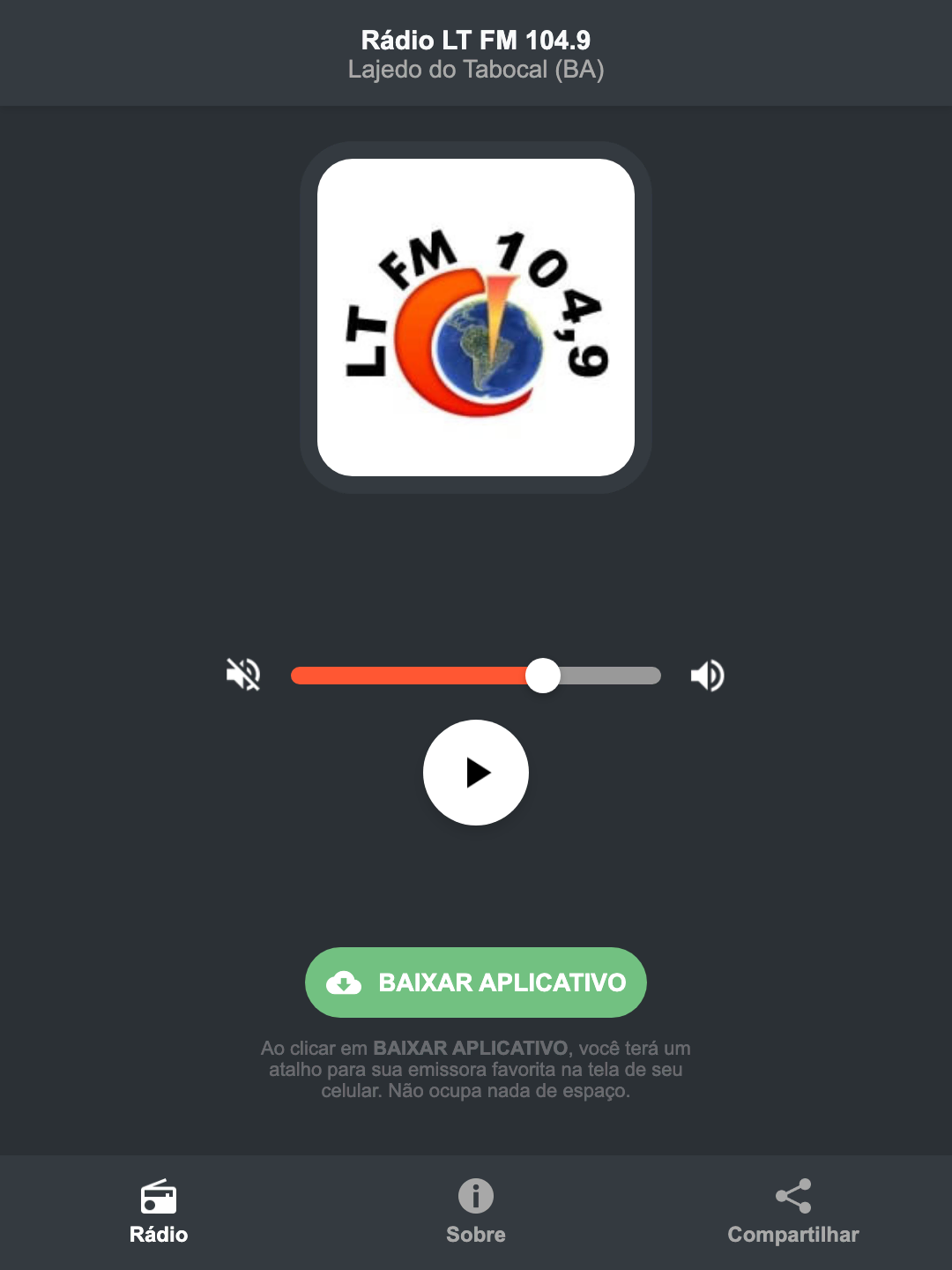 Screenshot do aplicativo da Rádio LT FM 104.9