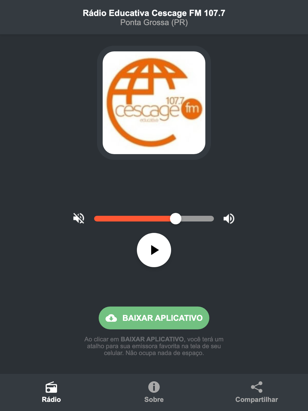 Screenshot do aplicativo da Rádio Educativa Cescage FM 107.7