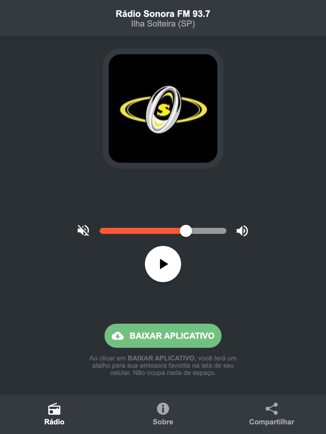 Screenshot do aplicativo da Rádio Sonora FM 93.7