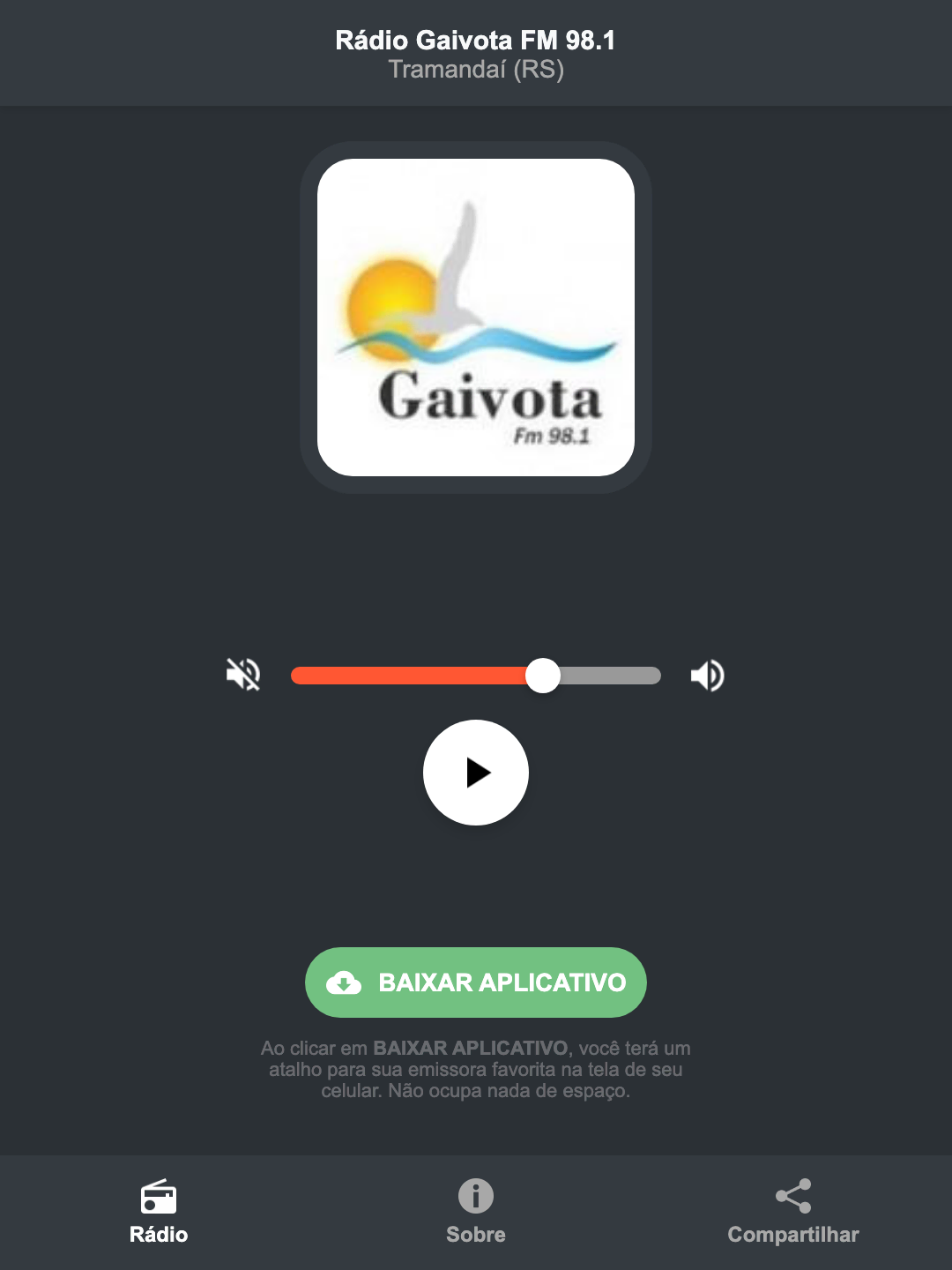 Screenshot do aplicativo da Rádio Gaivota FM 98.1