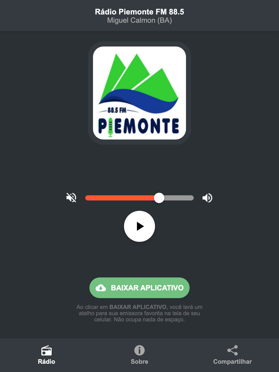 Screenshot do aplicativo da Rádio Piemonte FM 88.5