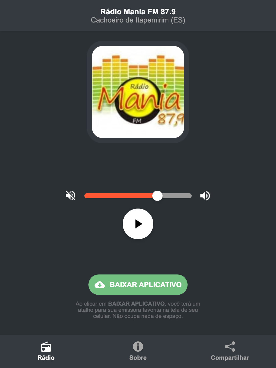 Screenshot do aplicativo da Rádio Mania FM 87.9