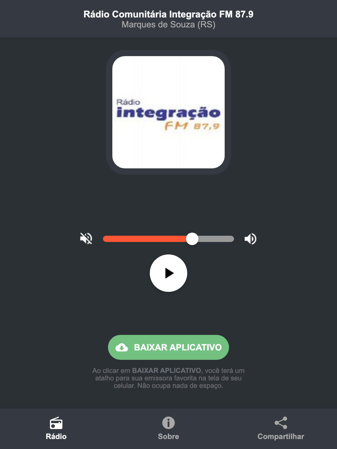 Screenshot do aplicativo da Rádio Comunitária Integração FM 87.9