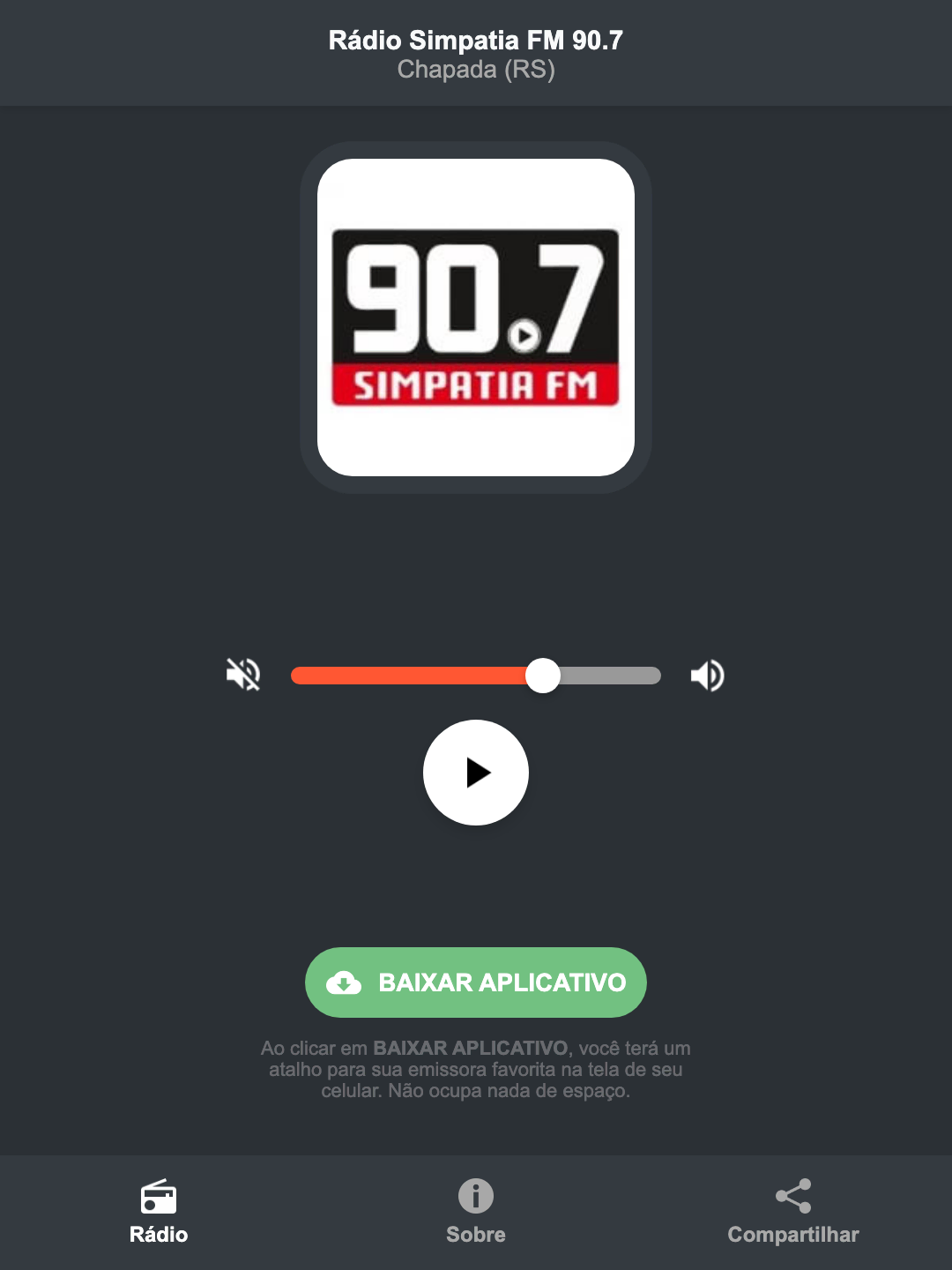 Screenshot do aplicativo da Rádio Simpatia FM 90.7