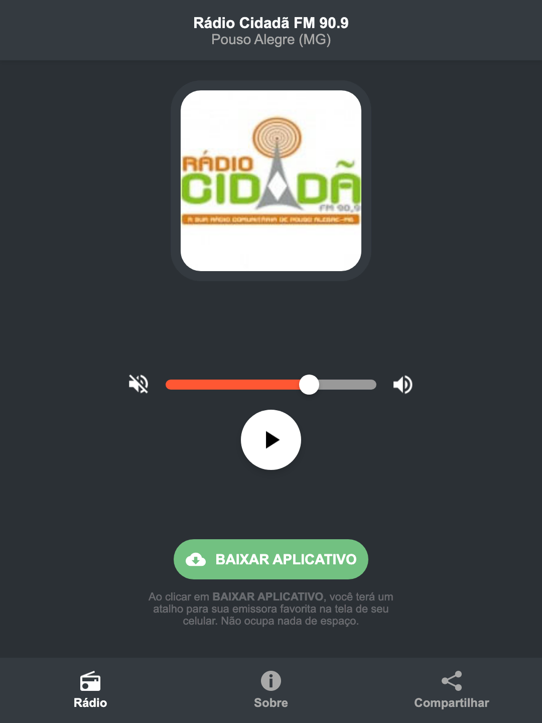 Screenshot do aplicativo da Rádio Cidadã FM 90.9