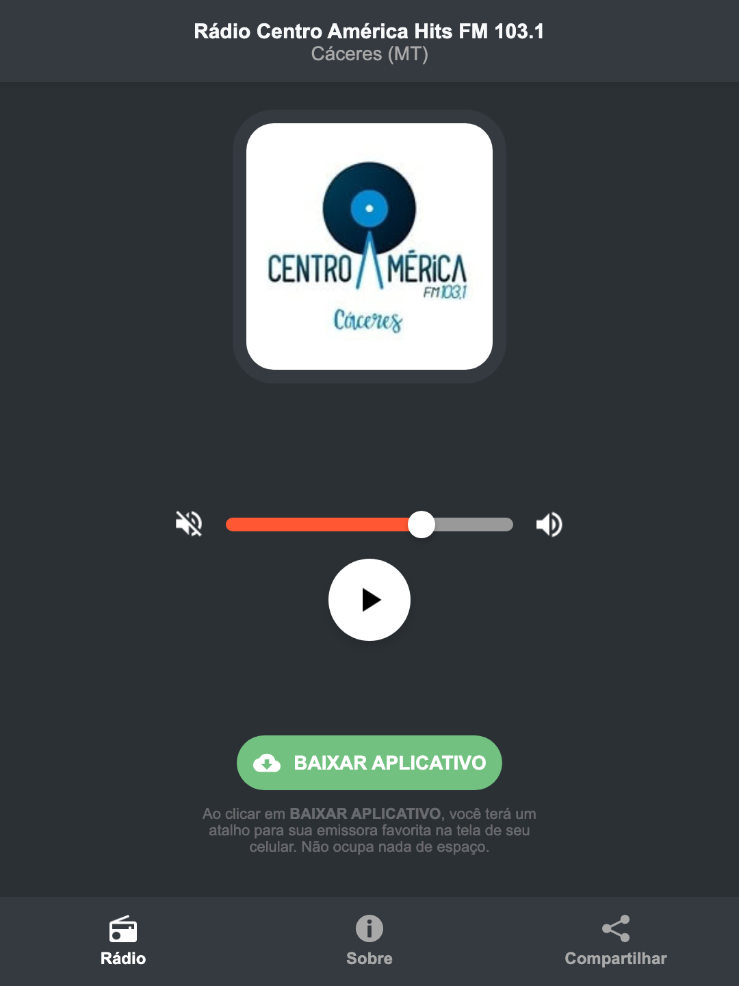 Screenshot do aplicativo da Rádio Centro América Hits FM 103.1
