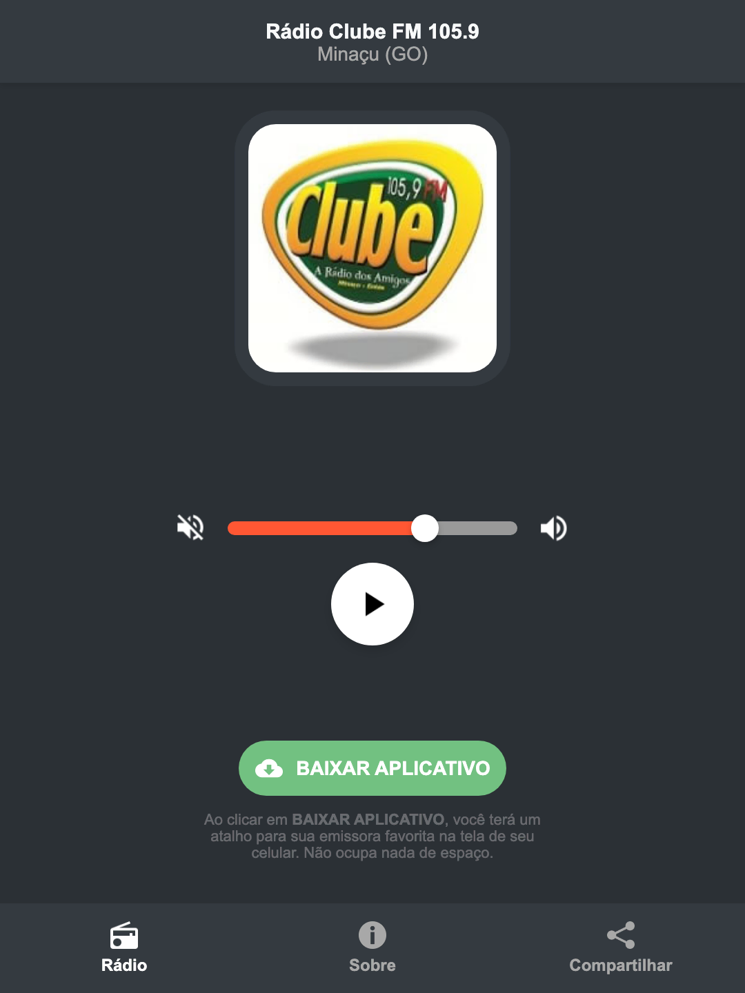 Screenshot do aplicativo da Rádio Clube FM 105.9