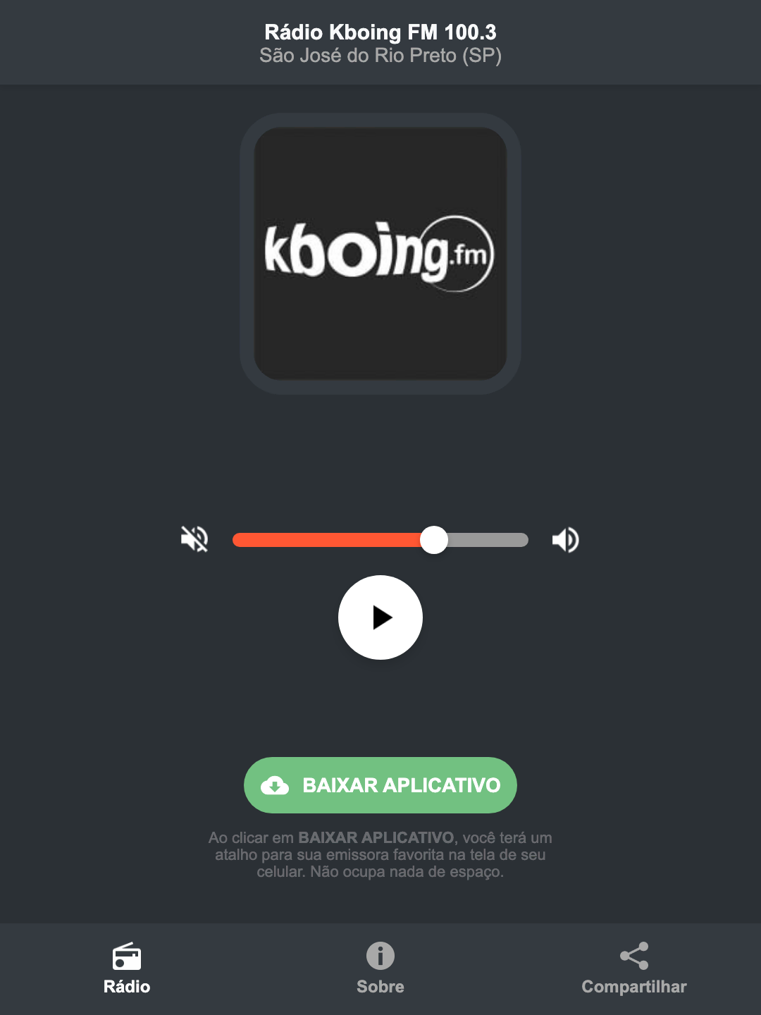 Screenshot do aplicativo da Rádio Kboing FM 100.3