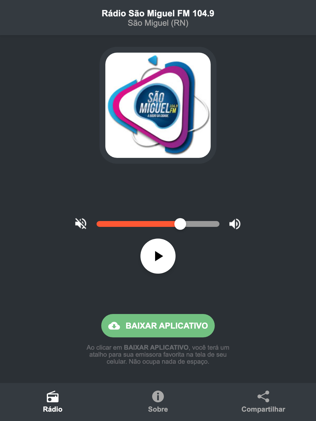 Screenshot do aplicativo da Rádio São Miguel FM 104.9