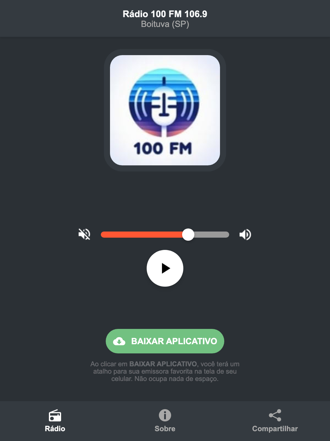 Screenshot do aplicativo da Rádio 100 FM 106.9