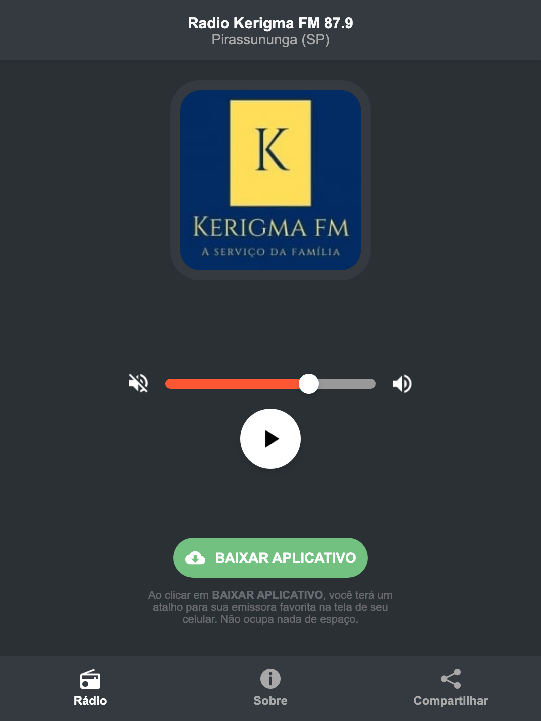 Screenshot do aplicativo da Radio Kerigma FM 87.9