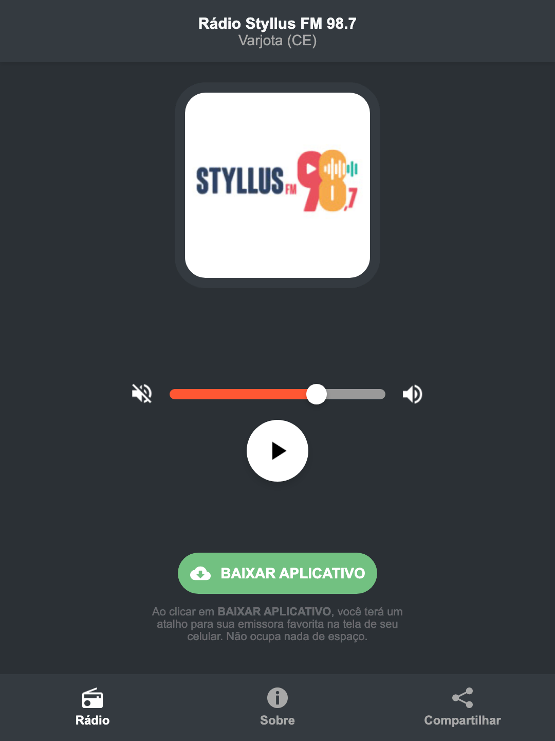 Screenshot do aplicativo da Rádio Styllus FM 98.7
