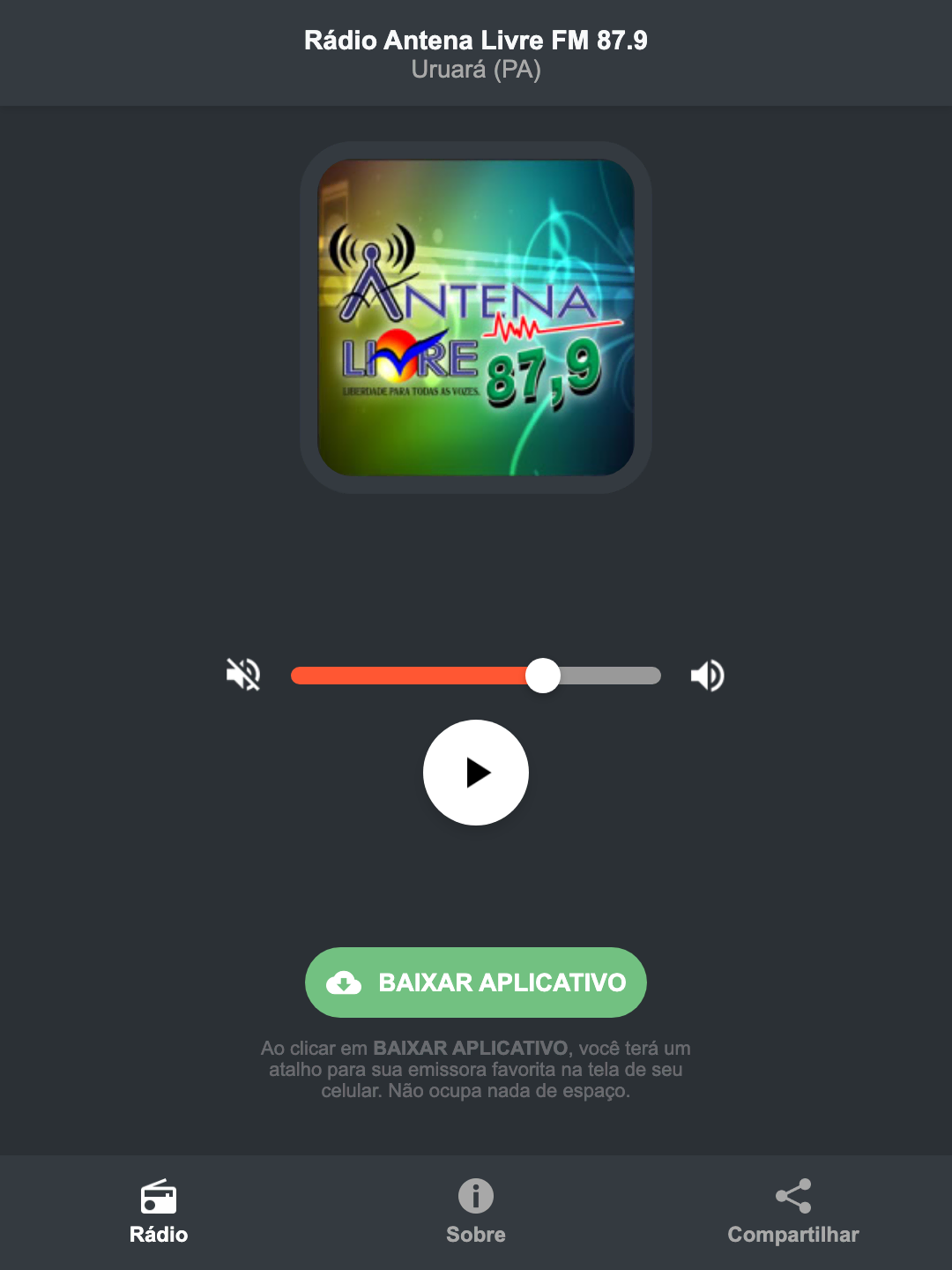 Screenshot do aplicativo da Rádio Antena Livre FM 87.9
