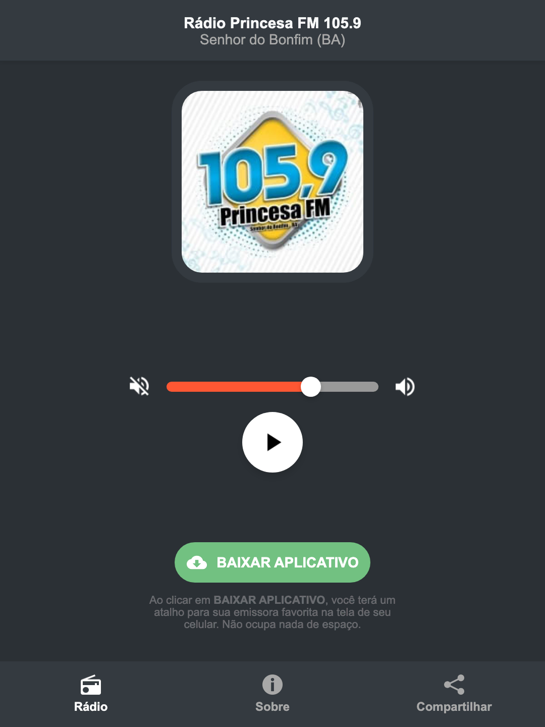 Screenshot do aplicativo da Rádio Princesa FM 105.9