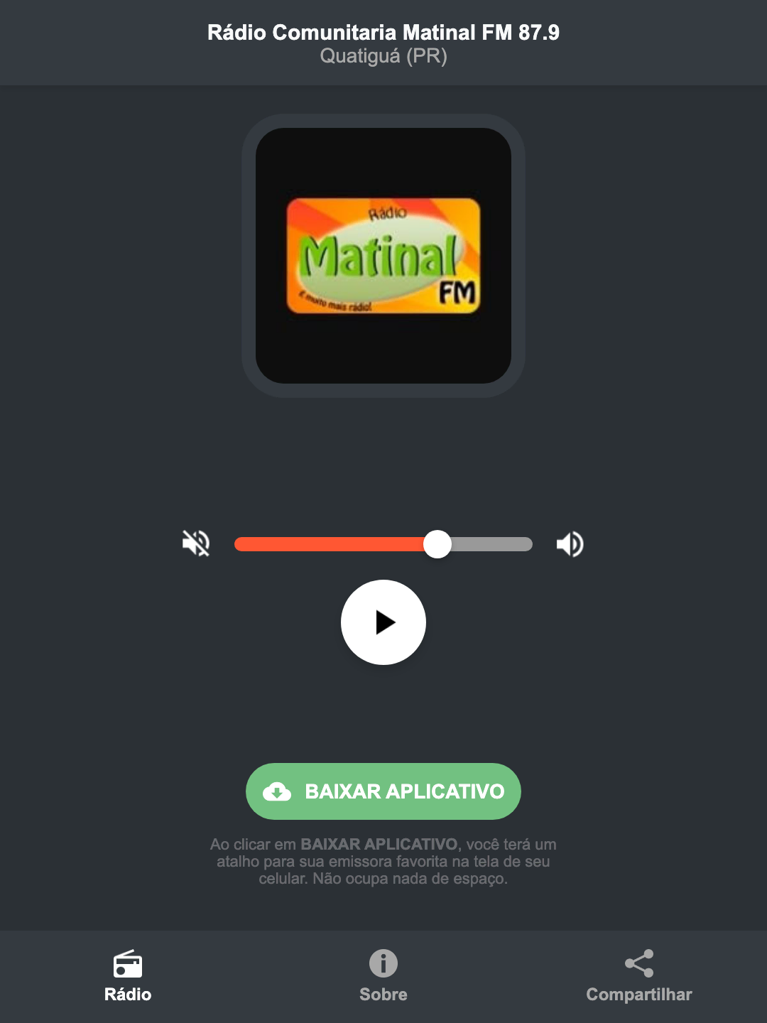 Screenshot do aplicativo da Rádio Comunitaria Matinal FM 87.9