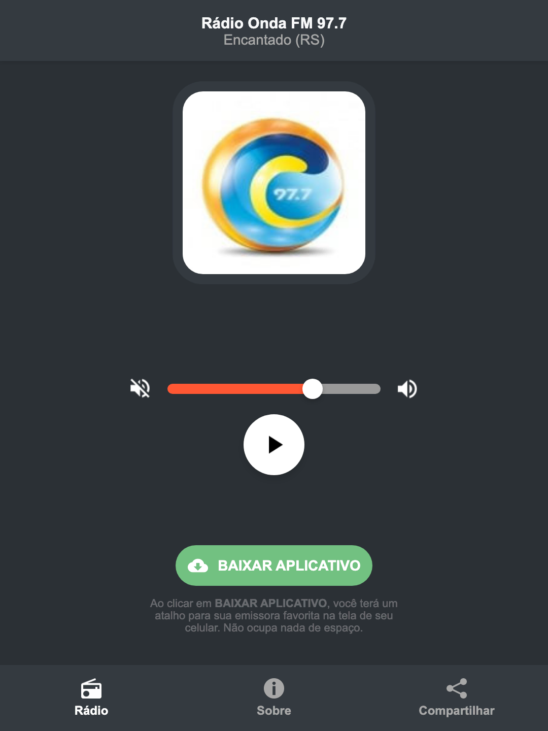 Screenshot do aplicativo da Rádio Onda FM 97.7