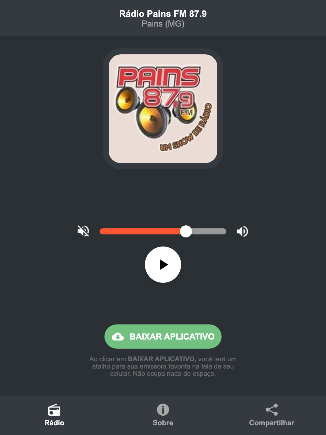 Screenshot do aplicativo da Rádio Pains FM 87.9