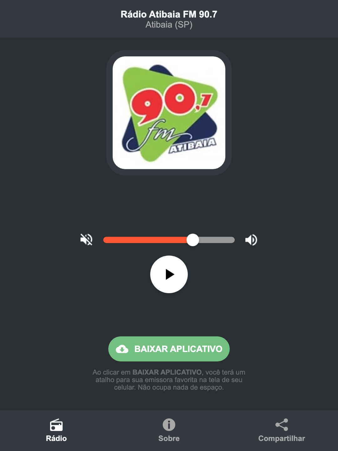 Screenshot do aplicativo da Rádio Atibaia FM 90.7