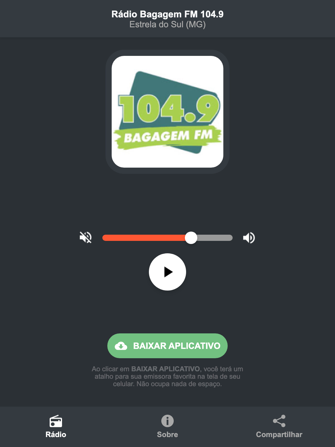 Screenshot do aplicativo da Rádio Bagagem FM 104.9