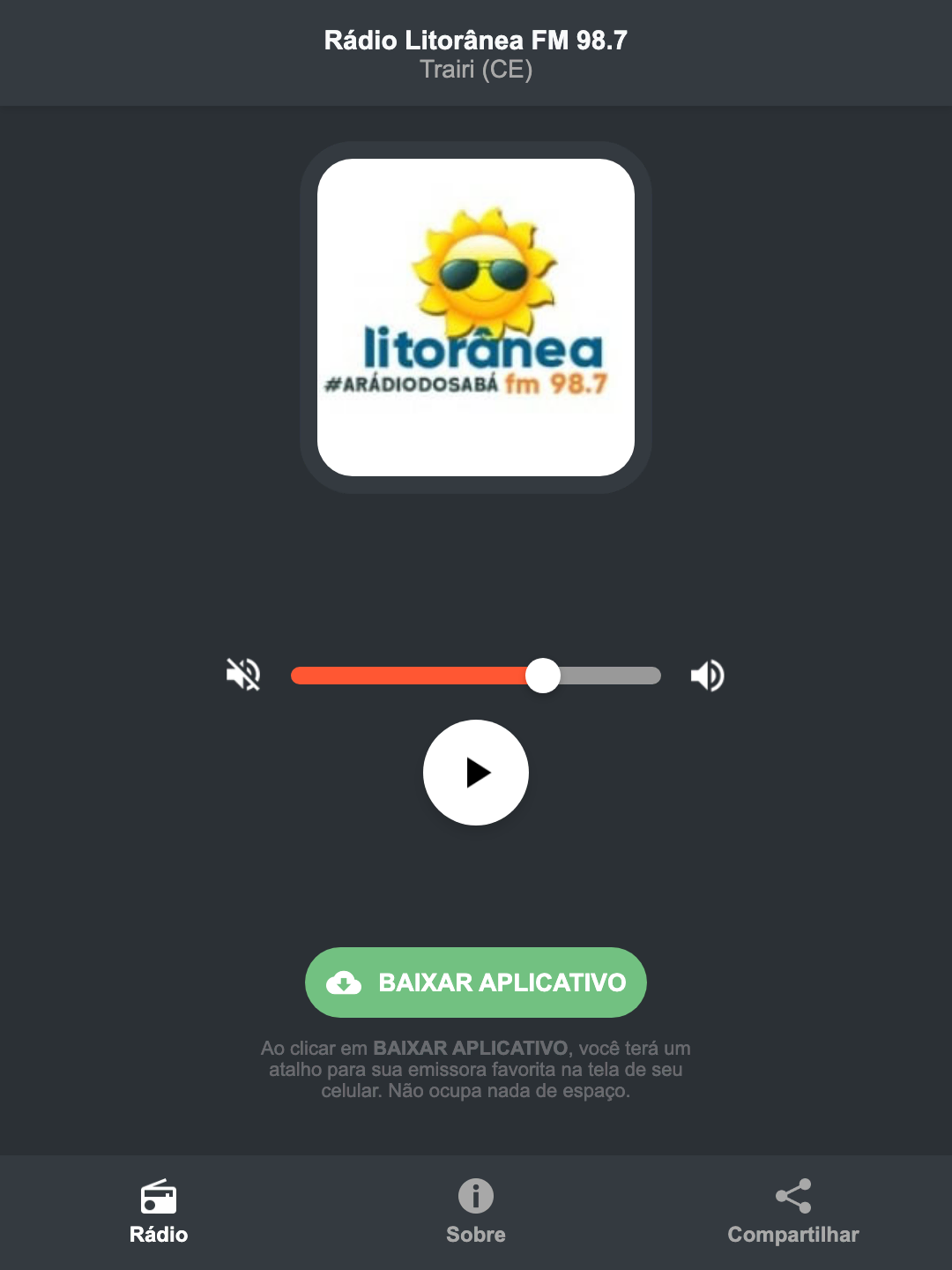 Screenshot do aplicativo da Rádio Litorânea FM 98.7