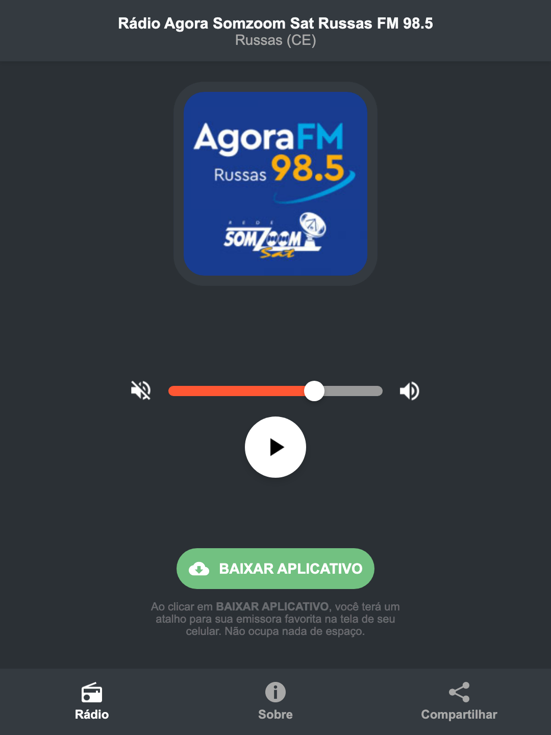 Screenshot do aplicativo da Rádio Agora Somzoom Sat Russas FM 98.5