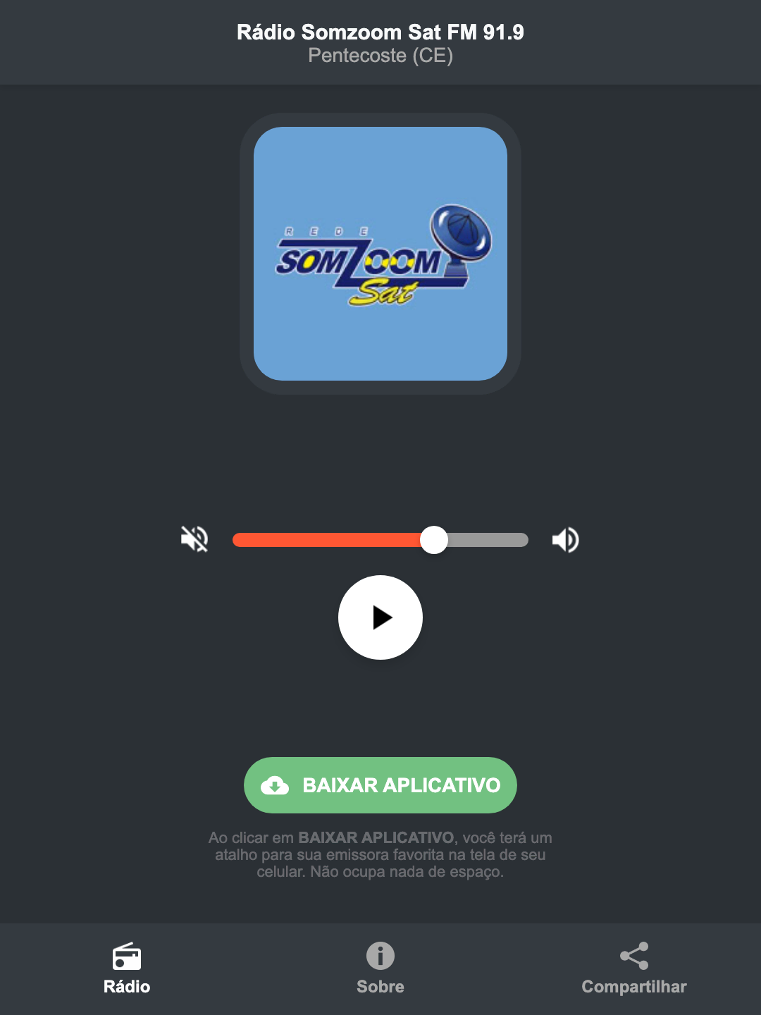 Screenshot do aplicativo da Rádio Somzoom Sat FM 91.9