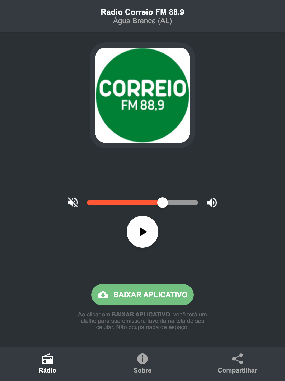 Screenshot do aplicativo da Radio Correio FM 88.9