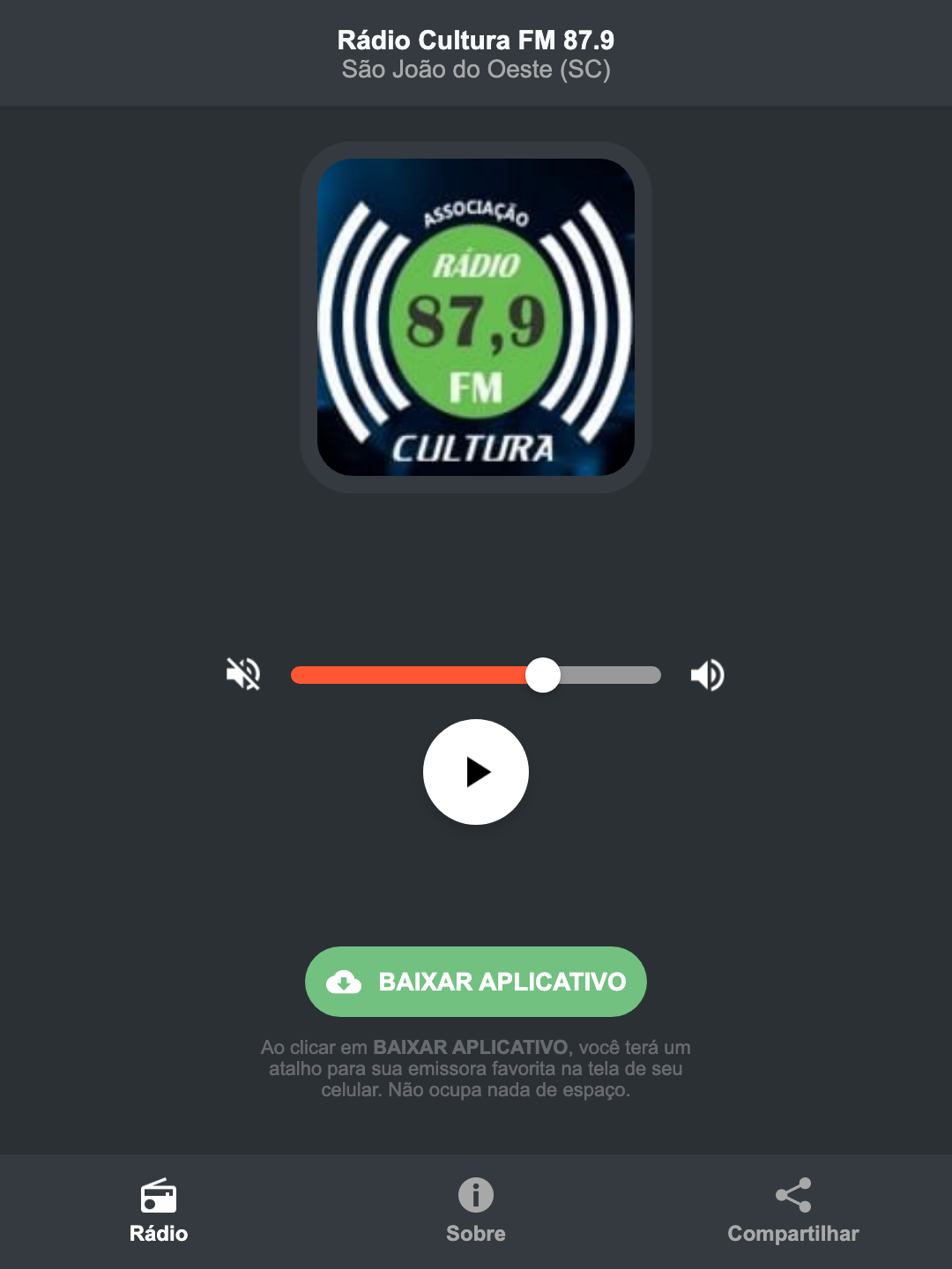 Screenshot do aplicativo da Rádio Cultura FM 87.9