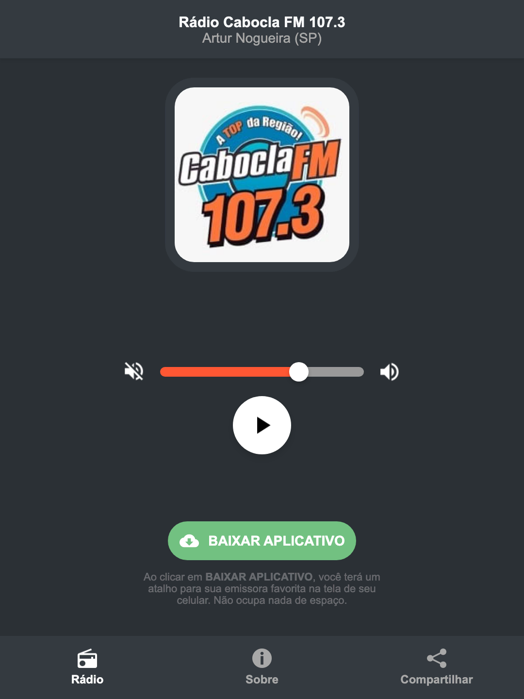 Screenshot do aplicativo da Rádio Cabocla FM 107.3