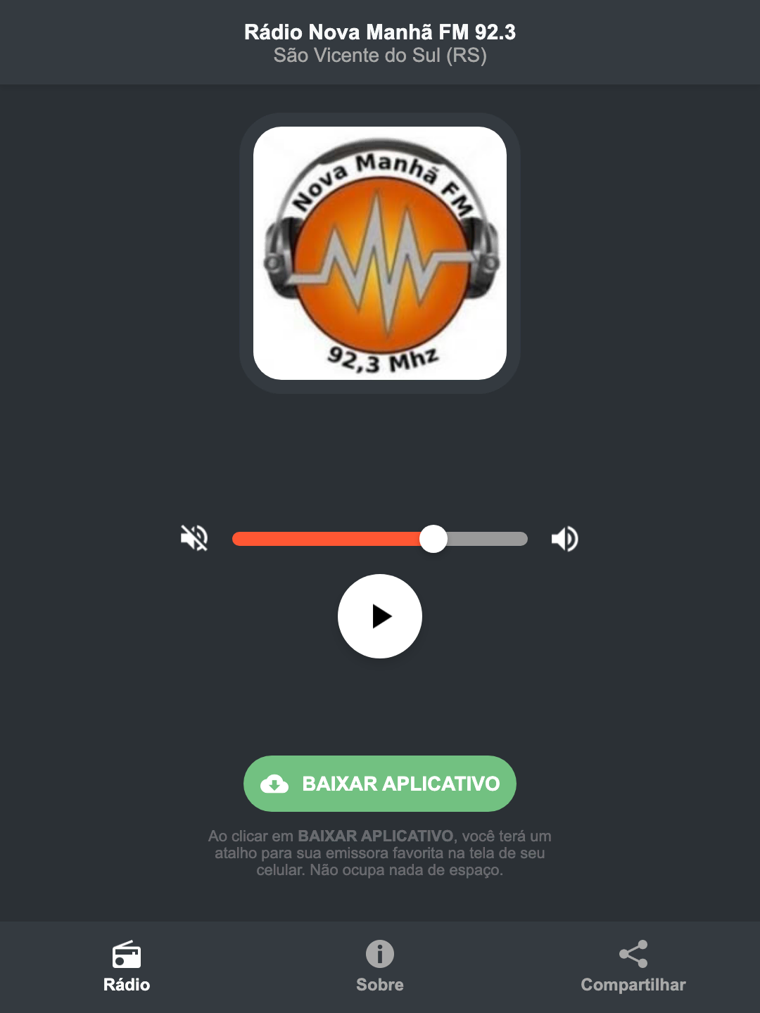 Screenshot do aplicativo da Rádio Nova Manhã FM 92.3