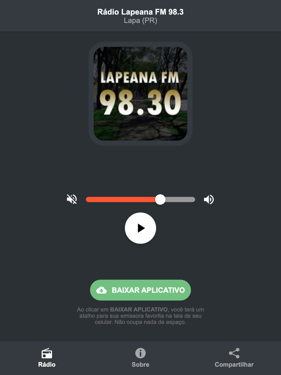 Screenshot do aplicativo da Rádio Lapeana FM 98.3
