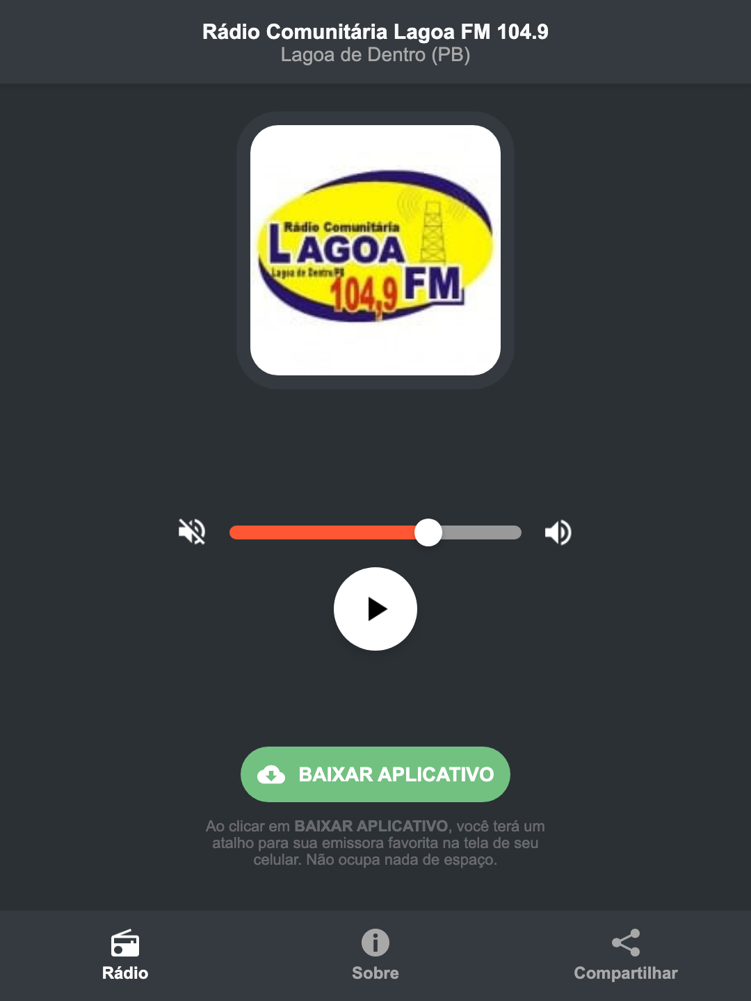 Screenshot do aplicativo da Rádio Comunitária Lagoa FM 104.9
