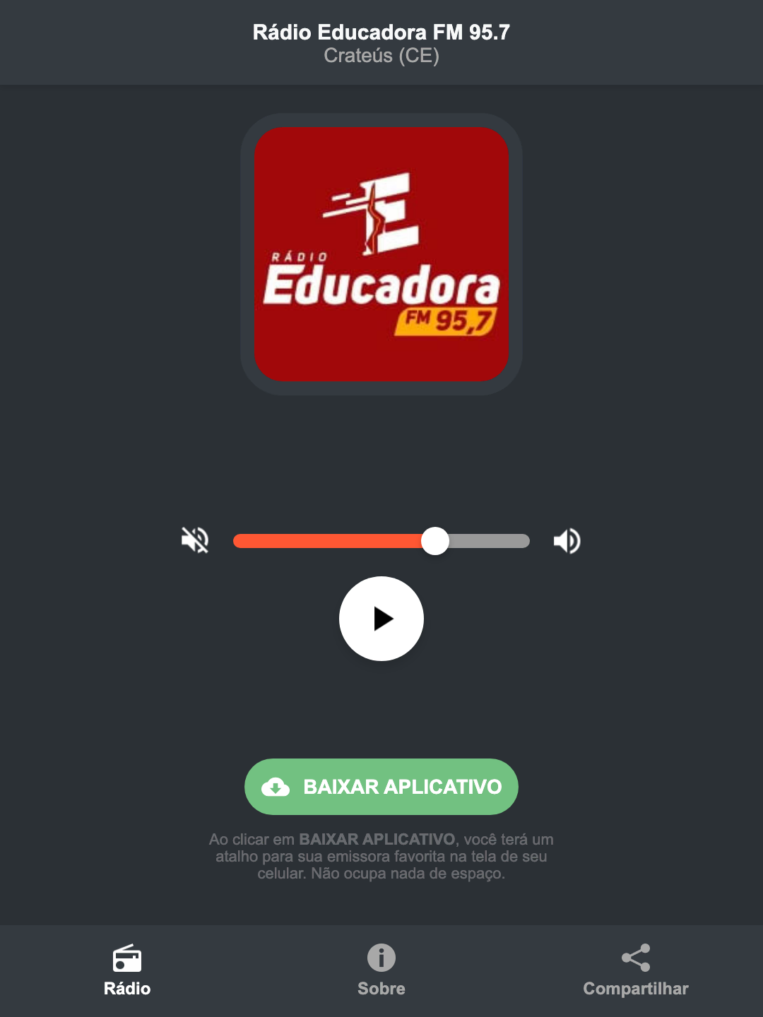 Screenshot do aplicativo da Rádio Educadora FM 95.7