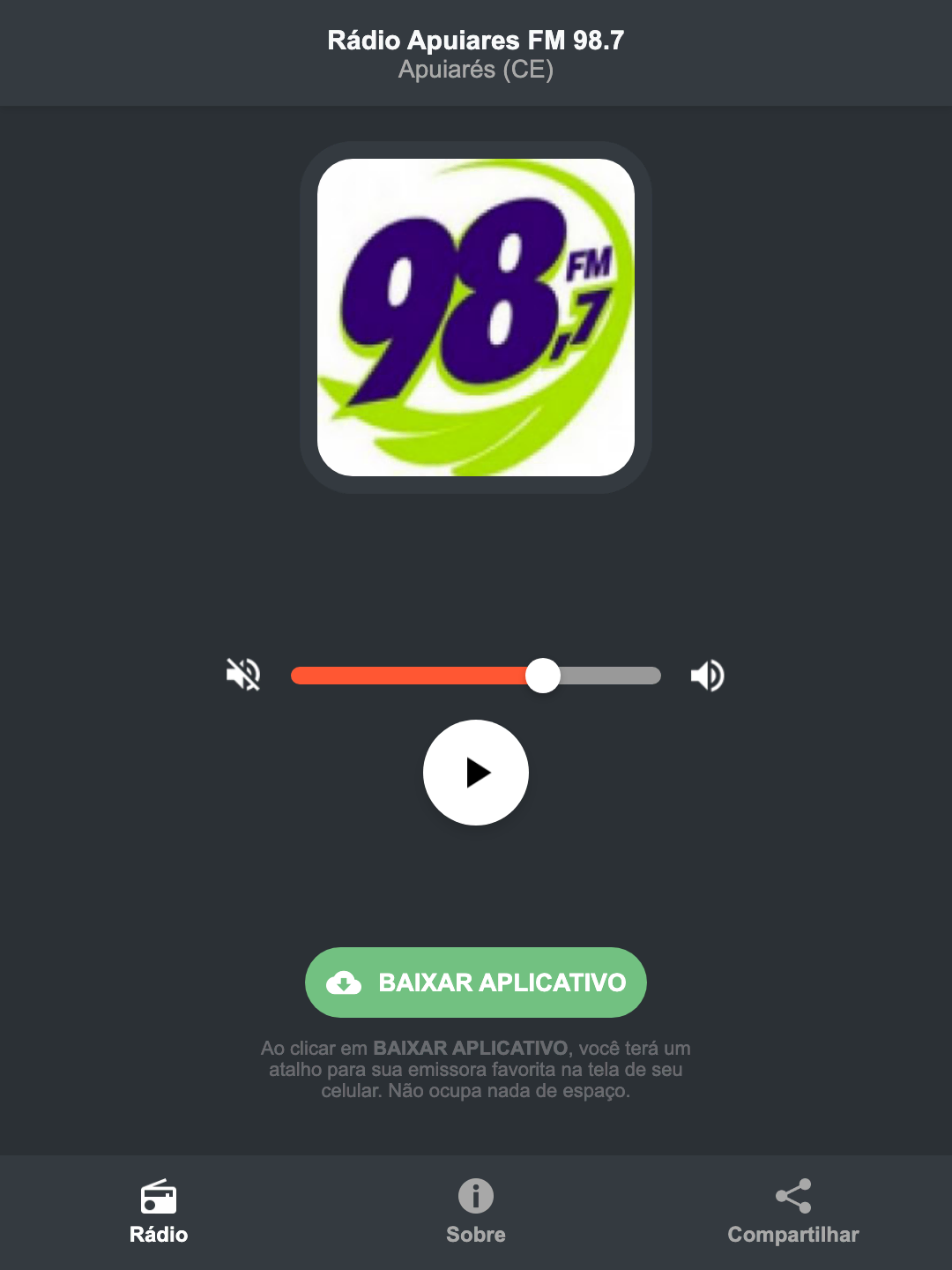 Screenshot do aplicativo da Rádio Apuiares FM 98.7