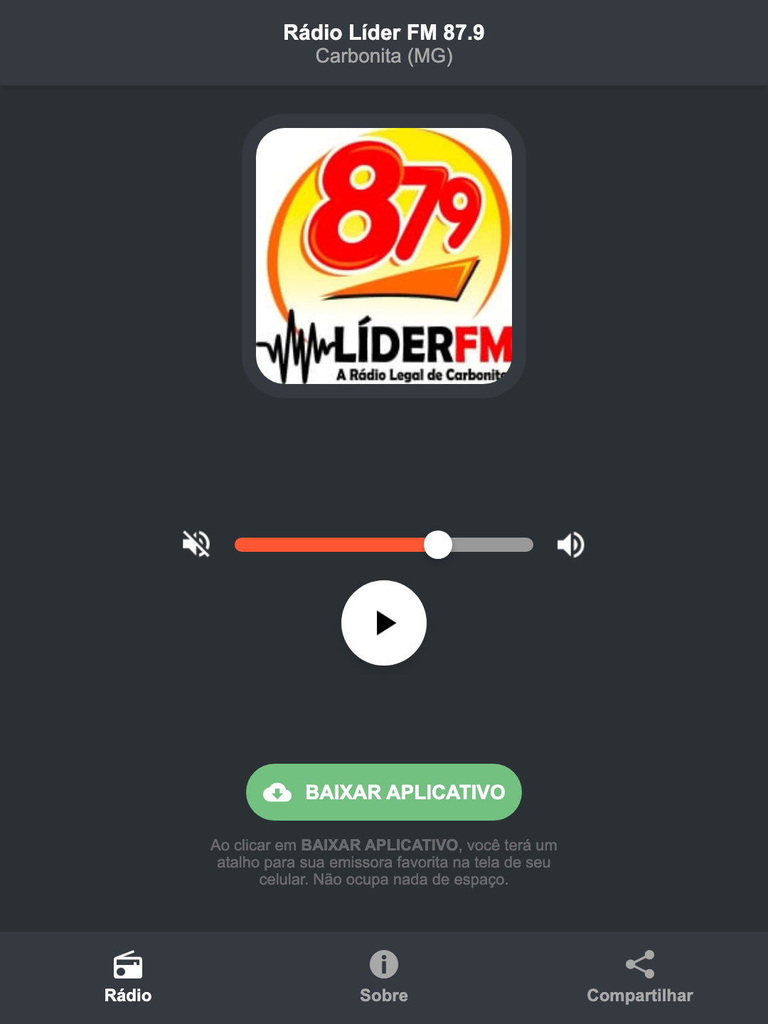 Screenshot do aplicativo da Rádio Líder FM 87.9