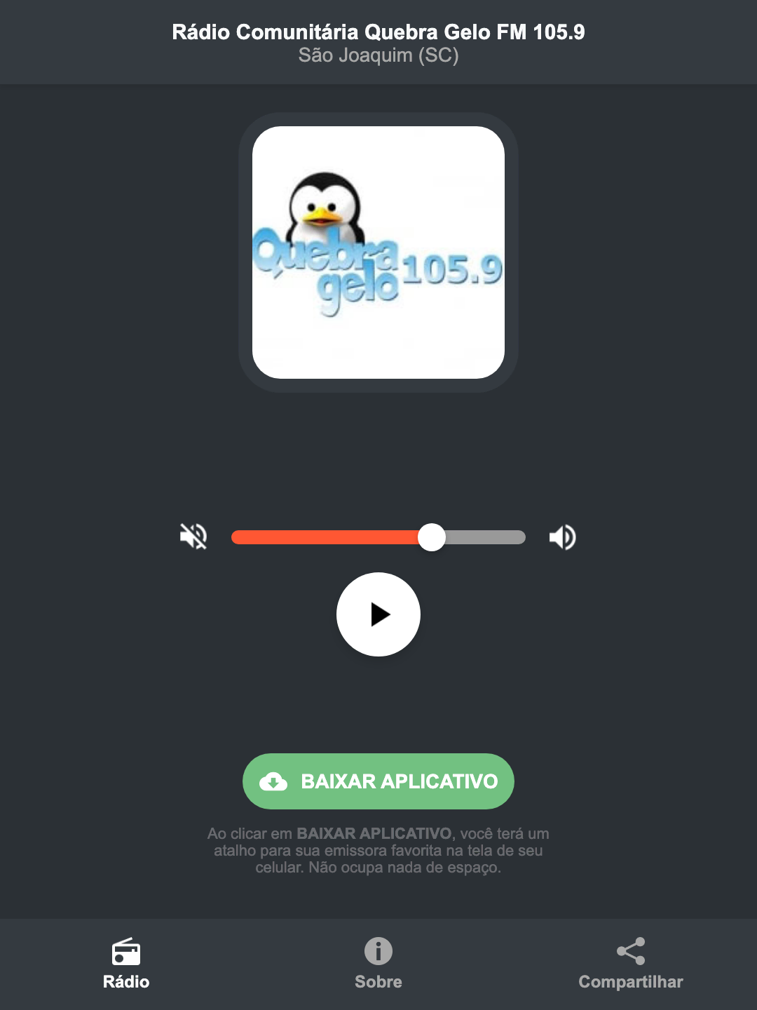Screenshot do aplicativo da Rádio Comunitária Quebra Gelo FM 105.9