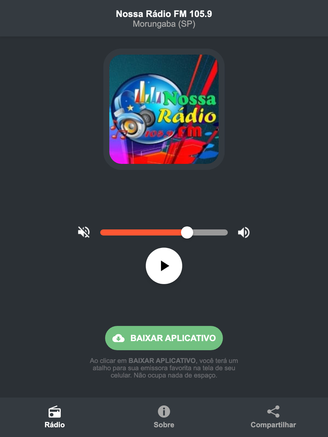 Screenshot do aplicativo da Nossa Rádio FM 105.9