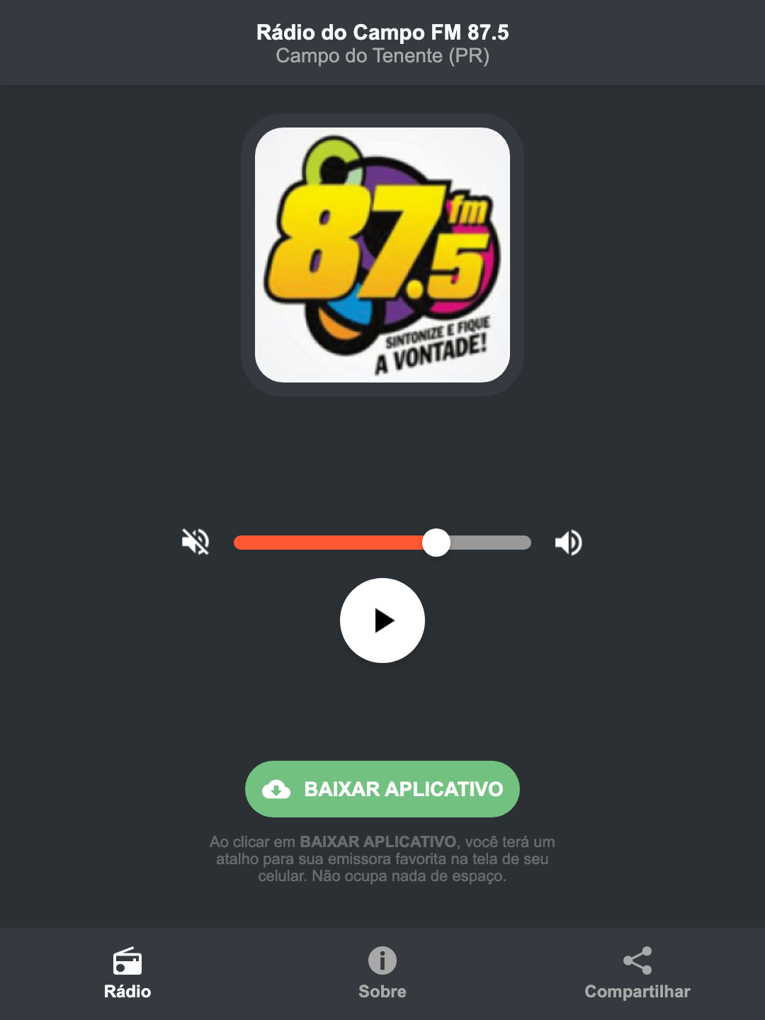Screenshot do aplicativo da Rádio do Campo FM 87.5