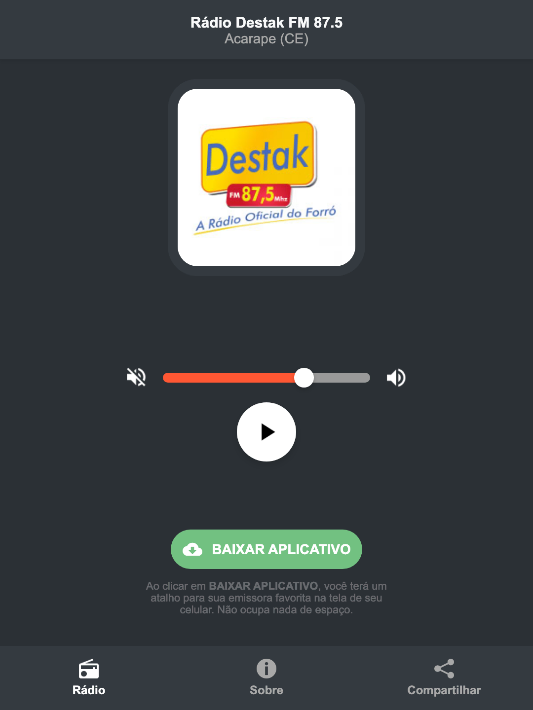 Screenshot do aplicativo da Rádio Destak FM 87.5