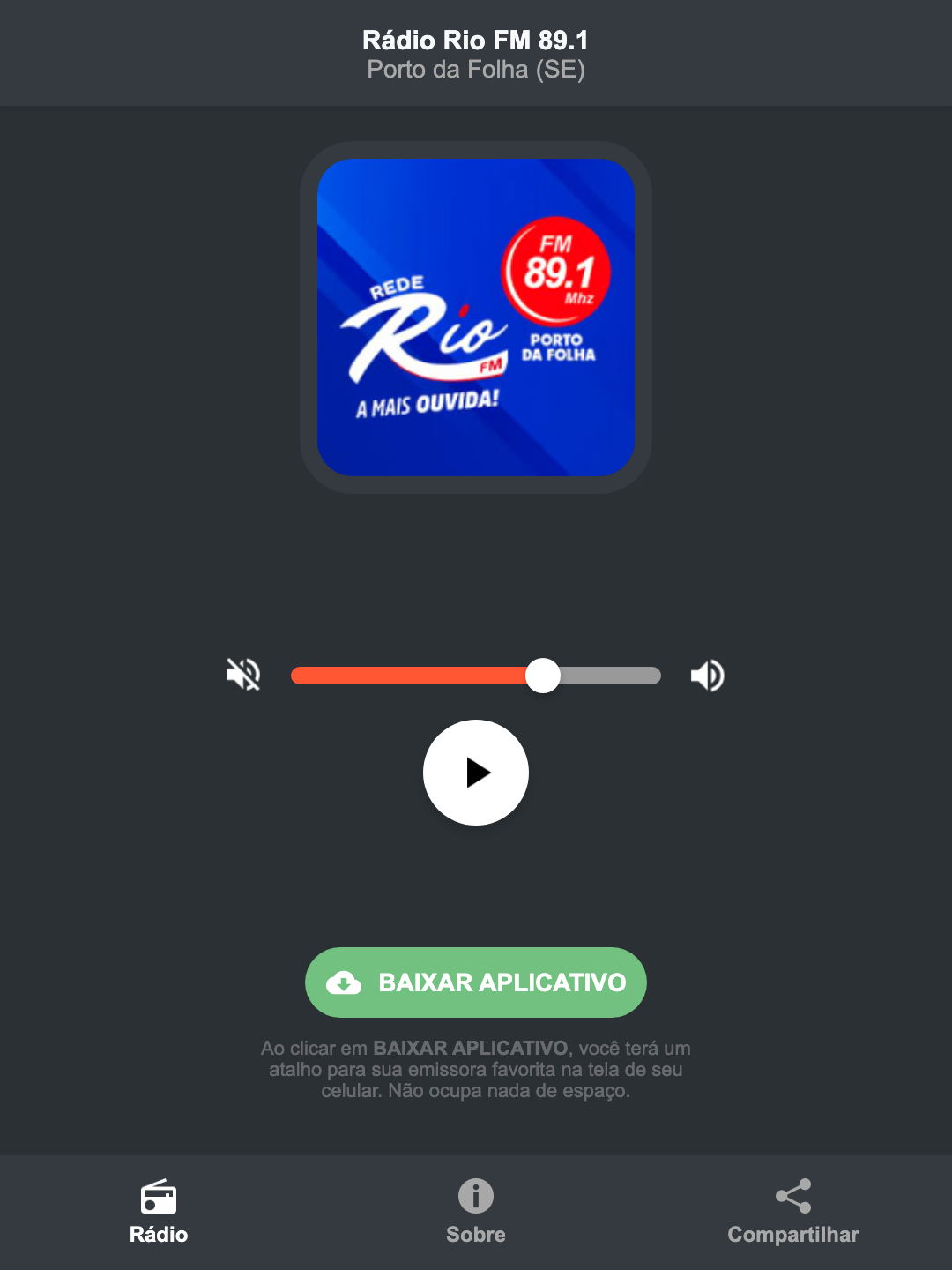Screenshot do aplicativo da Rádio Rio FM 89.1