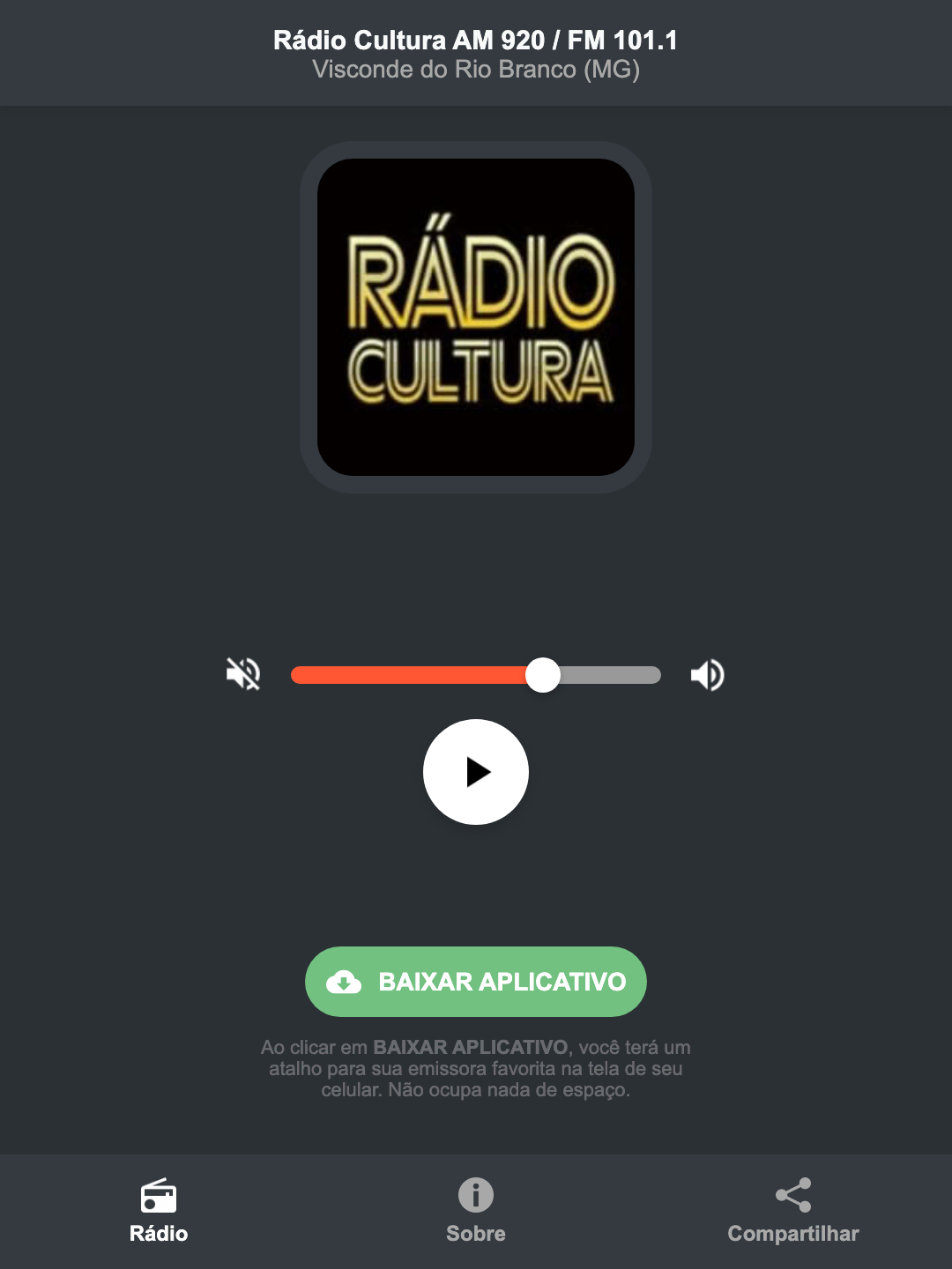 Screenshot do aplicativo da Rádio Cultura AM 920 / FM 101.1