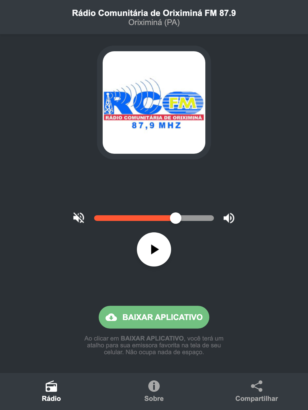 Screenshot do aplicativo da Rádio Comunitária de Oriximiná FM 87.9