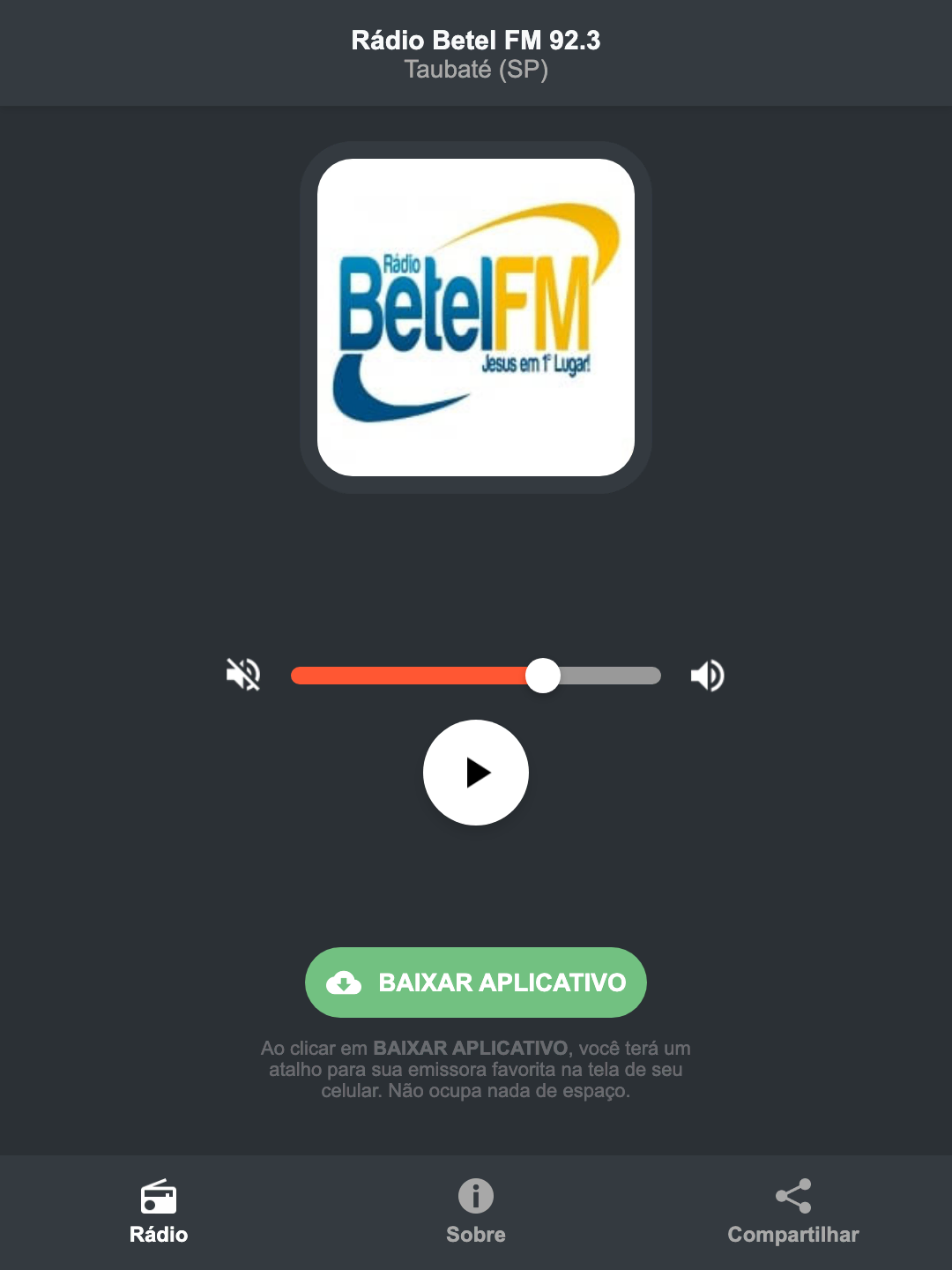 Screenshot do aplicativo da Rádio Betel FM 92.3