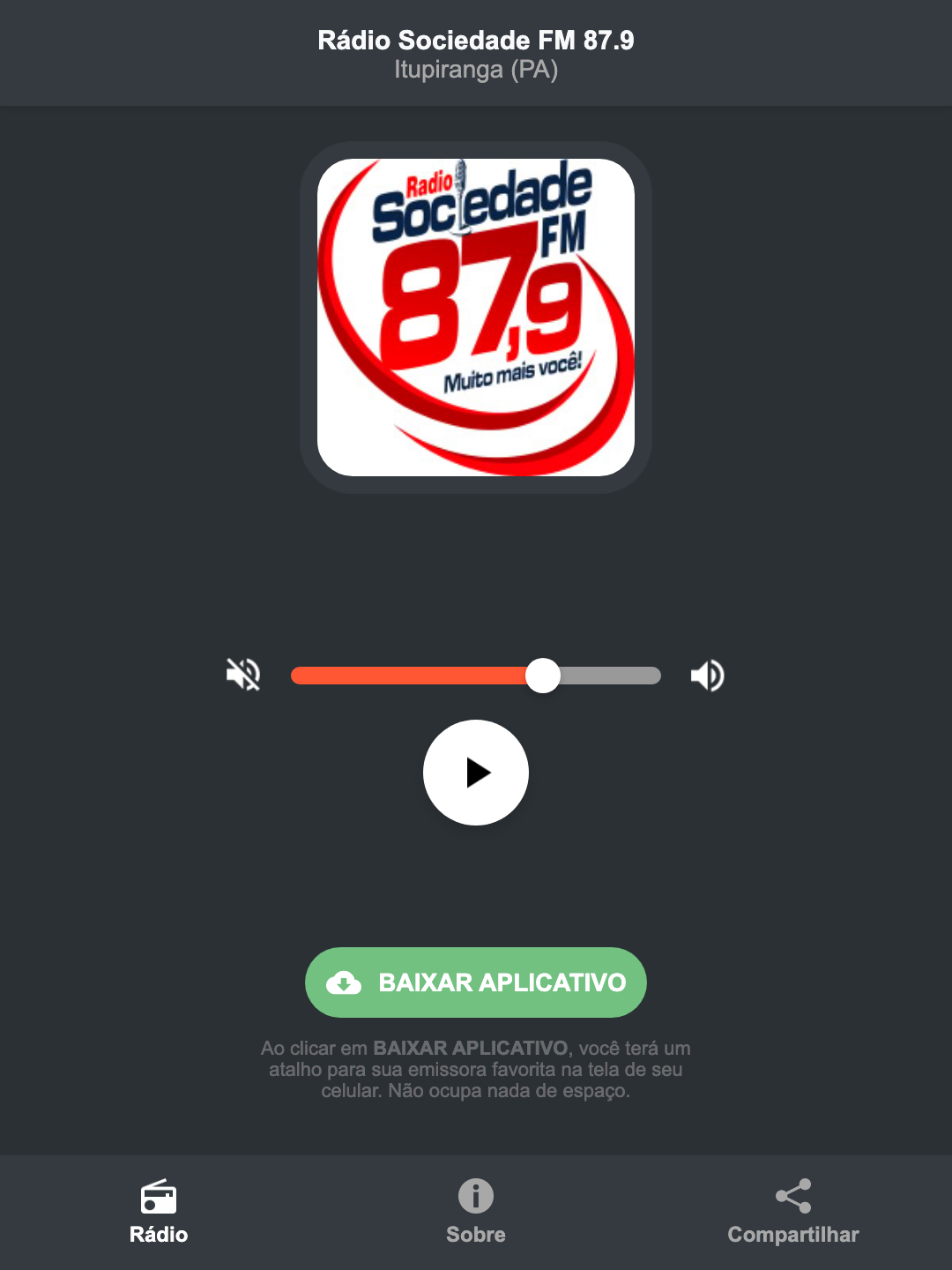 Screenshot do aplicativo da Rádio Sociedade FM 87.9