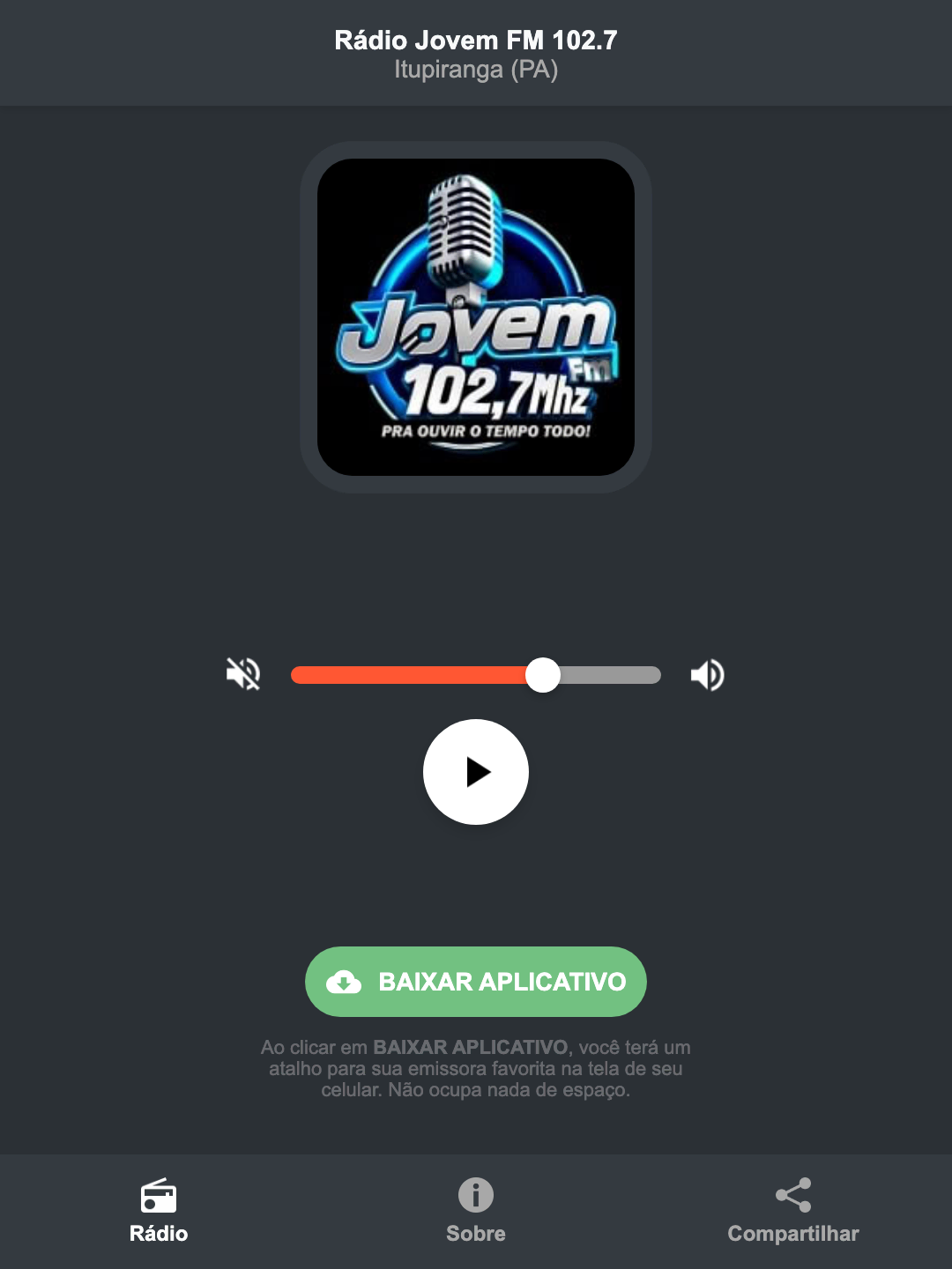 Screenshot do aplicativo da Rádio Jovem FM 102.7