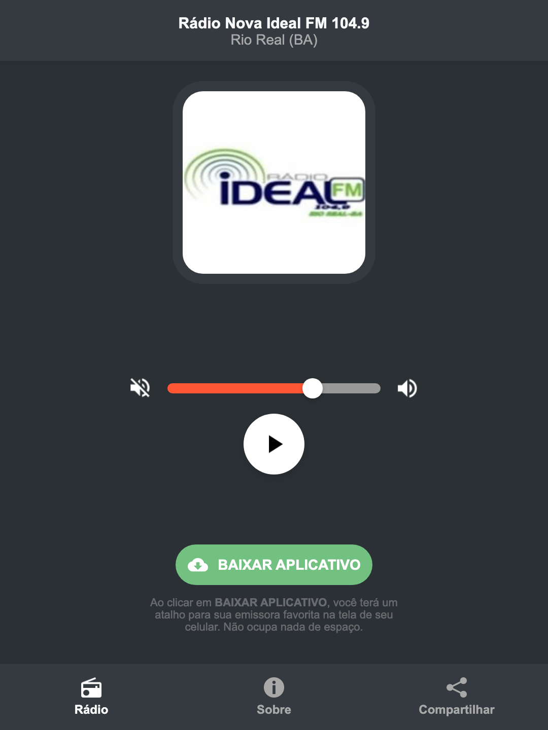 Screenshot do aplicativo da Rádio Nova Ideal FM 104.9