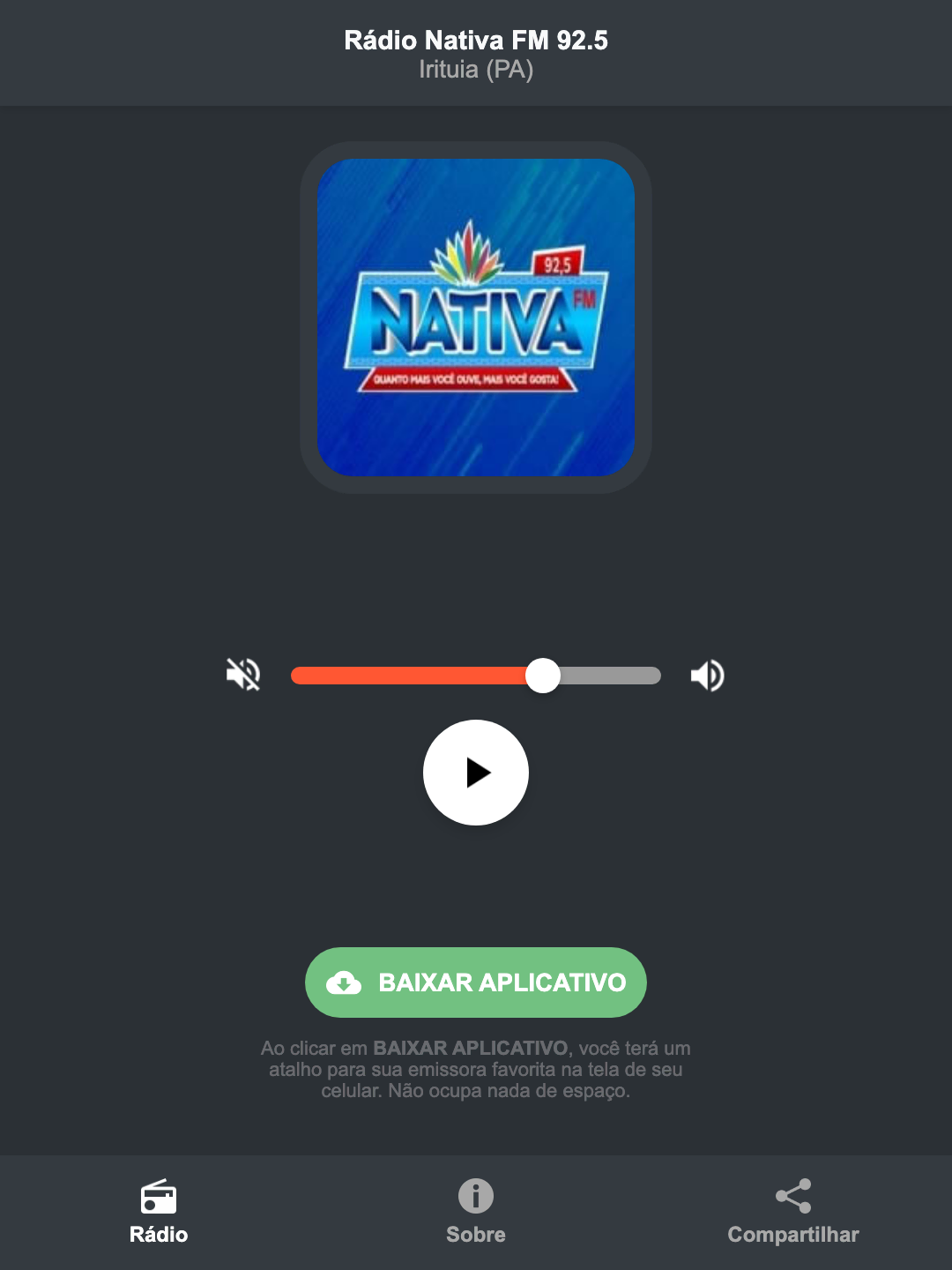 Screenshot do aplicativo da Rádio Nativa FM 92.5