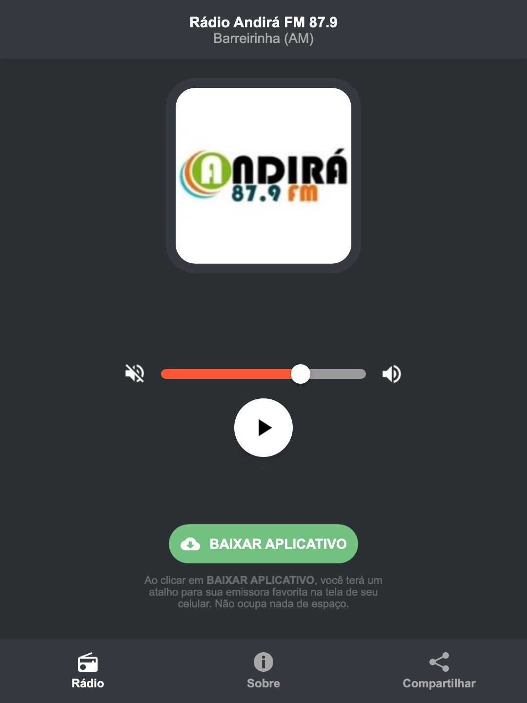 Screenshot do aplicativo da Rádio Andirá FM 87.9
